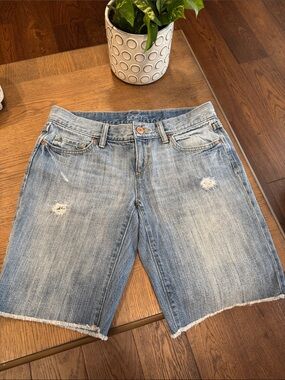 LOFT Light Wash Distressed Denim Bermuda Shorts with Frayed Hem